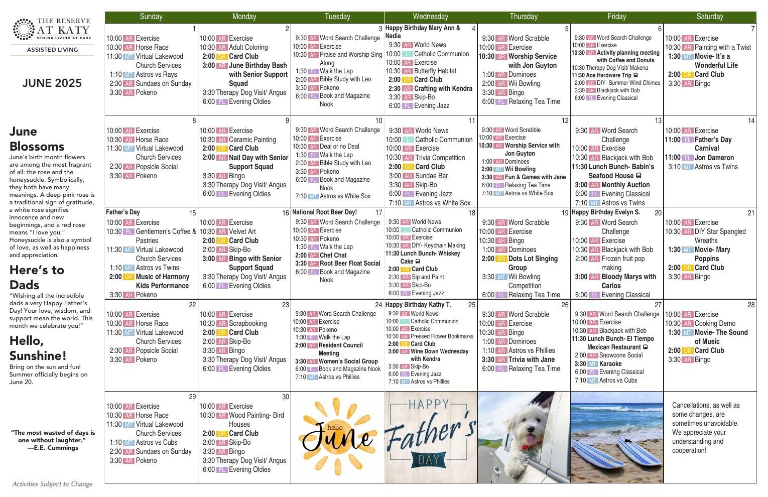 Assisted Living Event Calendar